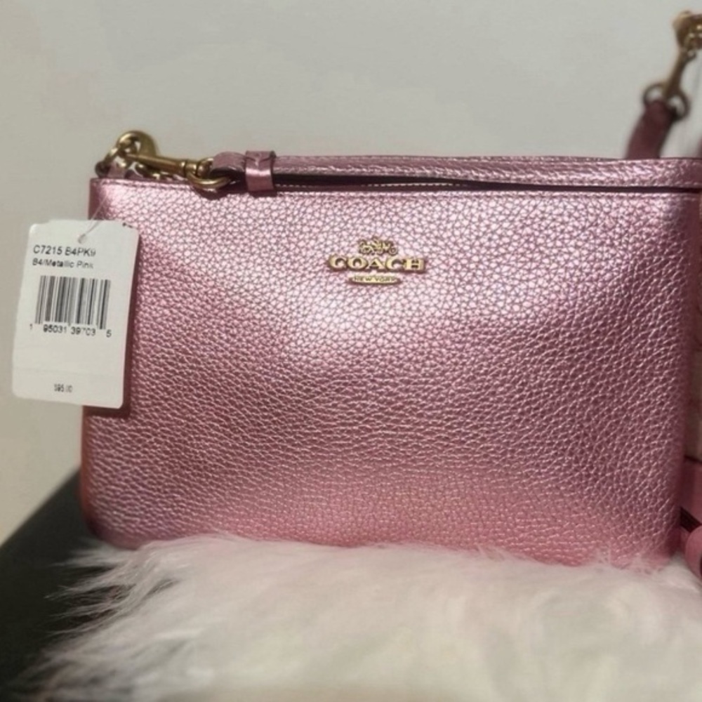 COACH Women’s Small Leather Pink Metallic Wristlet Wallet w Gold Hardware C7215